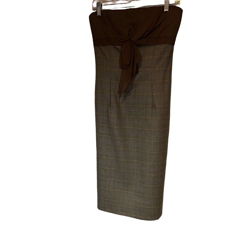 BRAND NEW!! Strapless Plaid Print Dress with Chocolate Brown Chiffon Tie Front